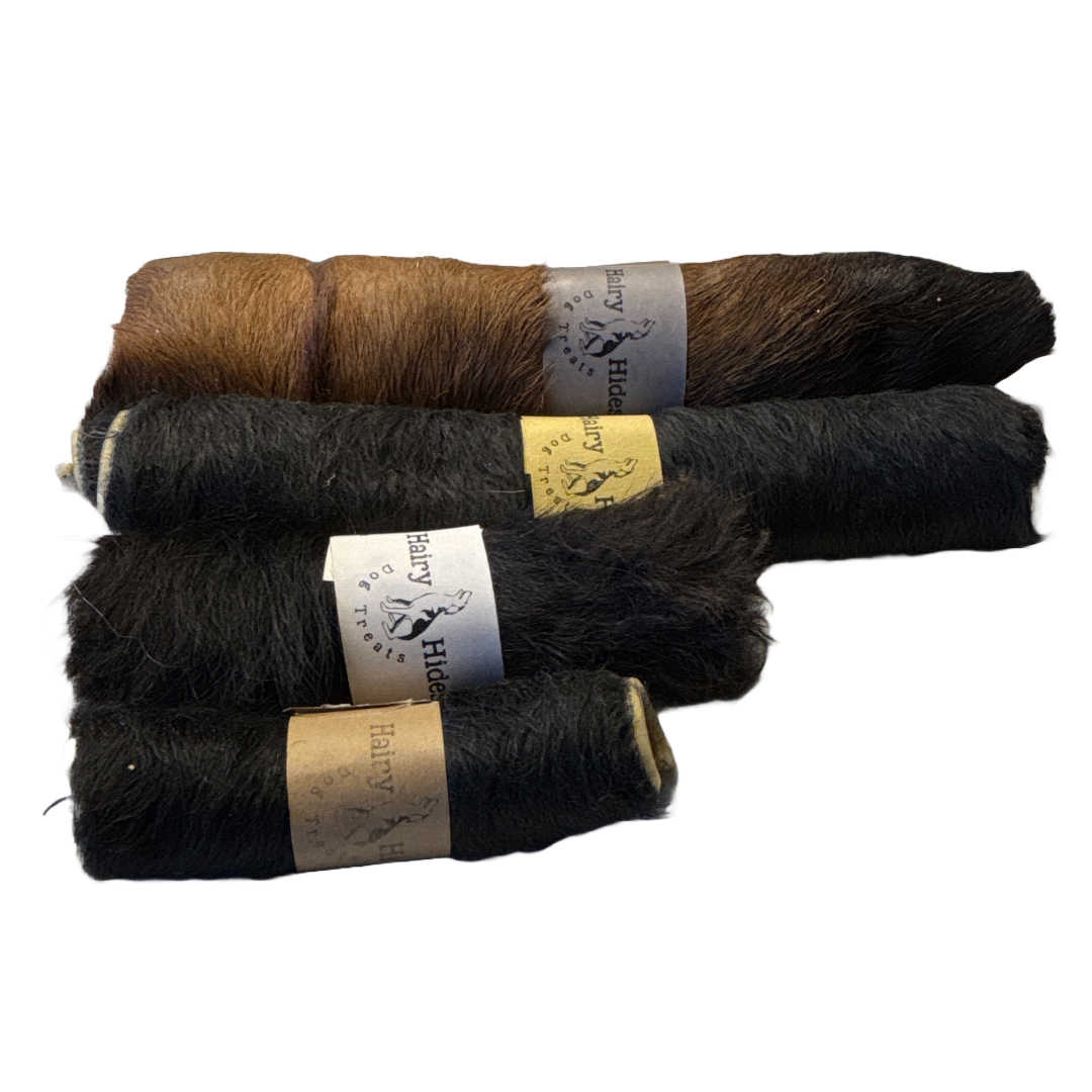 all natural, single ingredient, hair on cowhide, dental, hide roll chews